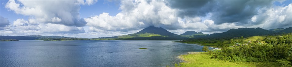 Aerial view, panorama of Arenal Volcano at Lago Arenal, Puntarenas, Costa Rica, Central America