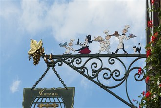 Restaurant sign, Eguisheim, Plus beaux villages de France, Haut-Rhin, Alsace, Alsace, France,