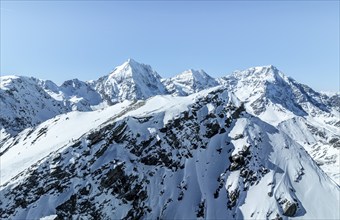 Aerial view, snow-covered mountain landscape, summit of the Madritschspitze in front of Ortler,