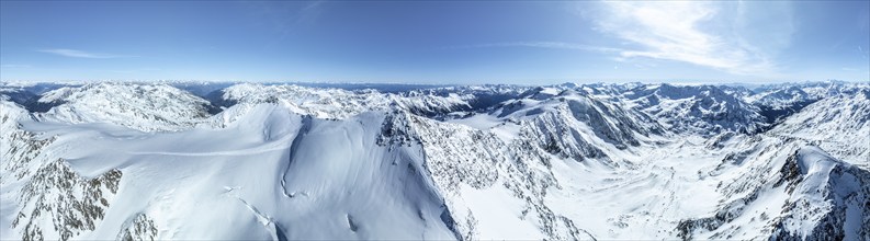 Cevedale summit, Alpine panorama, Aerial view, Snow-covered mountain landscape, Ortler group,