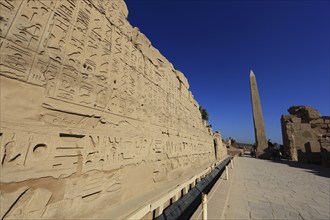 Luxor, Karnak Temple, wall with hieroglyphs, depictions and symbols in the temple complex and