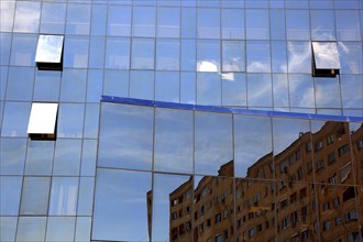 Small Wallachia, town of Drobeta Turnu Severin, building with glass façade by Rom Telekom, Romania,