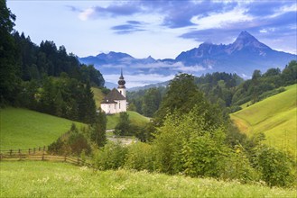 Maria Gern pilgrimage church, view of the Watzmann, in front of sunrise, Berchtesgarden Alps,