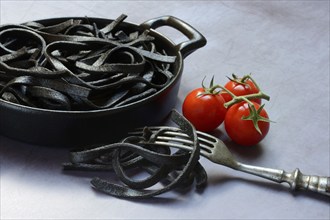 Black pasta coloured with squid ink in shell, Taglioni al Nero di Seppia, Italy, Europe