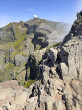 PR1 hiking trail with a view of the radar station on Pico Arieiro, Madeira, Portugal, Europe