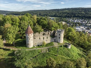 Aerial view of the Honburg castle ruins on the Honberg above the town of Tuttlingen, district of