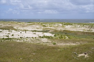 View from above of the dune landscape and the North Sea, Norderney, Lower Saxony Wadden Sea