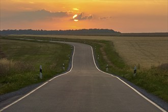 Winding country road at dusk, in midsummer, Marktheidenfeld, Main Spessart, Bavaria, Germany,