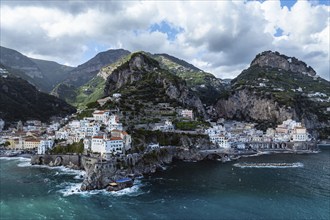 Amalfi from a drone, Salerno, Campania, Italy, Europe