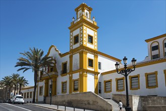 Yellow and white painted historic building along a street with palm trees, Colegio Campo Del Sur,