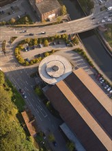 Close-up of a roundabout and surrounding streets, buildings and cars, Calw, Black Forest, Germany,