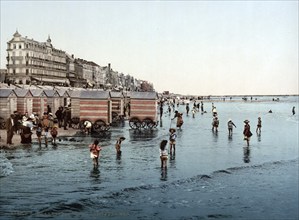 Bathers on the beach of Blankenberghe, Blankenberge, Belgium, ca 1890, Historical, digitally