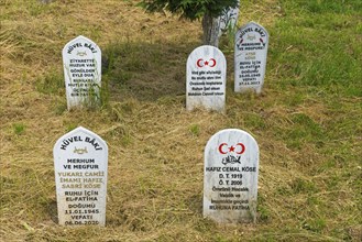 Gravestones with Turkish flags and inscriptions in a meadow with trees in the background, Echinos,