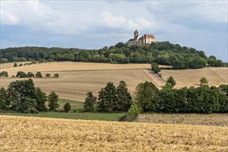 Ronneburg Castle, knight's castle from the Middle Ages, harvested grain fields, field, hill,