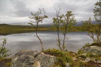 Abisko National Park in autumn, Lake Vuolep Njakajaure. Reflection of the mountains in the lake,