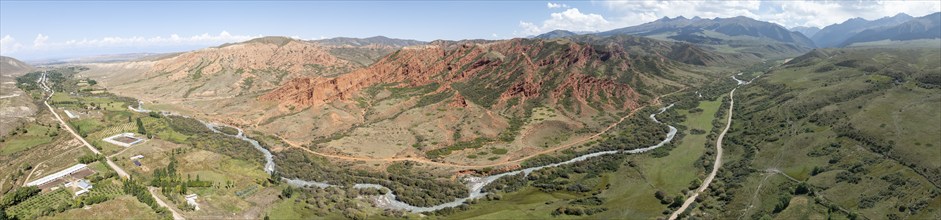 Aerial view, Djuku River and red rock formations, sandstone cliffs, Jeti Oguz, Tien Shan Mountains,