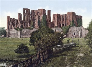 Kenilworth Castle is located in the town of the same name in Warwickshire, England, around 1890,