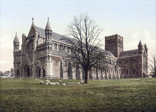 St Albans Abbey with its church, The Cathedral Church of St Albans in the town of St Albans in