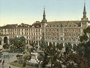 Plaza Mayor, Madrid, Spain, c. 1890, Historic, digitally restored reproduction from a 19th century