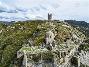 Ruins of the Church of Saint Francis of Assisi and Amantea Castle from a drone, Amantea, Tyrrhenian