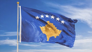 Flags, the national flag of Kosovo flutters in the wind