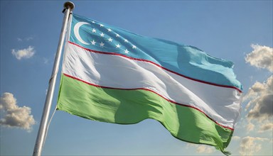 Flags, the national flag of Uzbekistan flutters in the wind