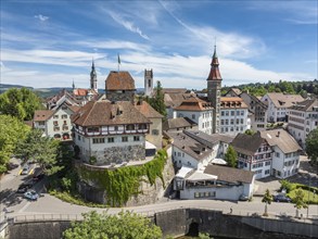 Aerial view, townscape, city centre, old town of Frauenfeld, with the Frauenfeld castle and the