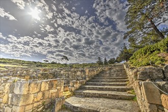 HDR, Super wide angle shot, Ancient ruins with stone staircase and surrounding vegetation under