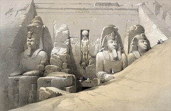 Front view of the Great Temple of Abu Simbel, Nubia, Egypt, around 1850, Historical, digitally