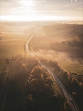 Aerial view of a landscape with a winding road, shrouded in fog and bathed in sunlight, Gechingen,