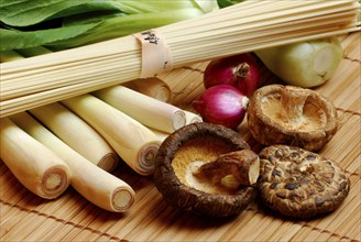 Asian cuisine, noodles, pak choi, lemongrass, red onion and shitake mushroom, shiitake mushroom,