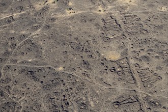 Neolithic stone ritual buildings, so-called mustatils, aerial view, near Khaybar, Medina province,