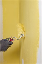 Wall is painted with yellow paint, hand with paint roller