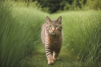 Adorable, striped playful cat walking in the filed, AI generated