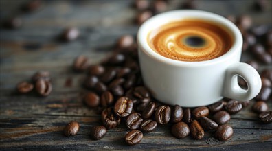 Cup of breakfast coffee with beans lying on a rustic table, AI generated