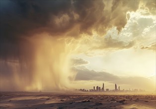 Desert sand storm bringing dust over the city engulfs it in darkness, eco catastrophe, AI generated