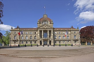 Palais du Rhin built in 1889 with open staircase, former imperial palace, French national flag,