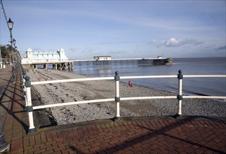 Promenade, pier and beach in winter, Penarth, Wales, United Kingdom, Europe