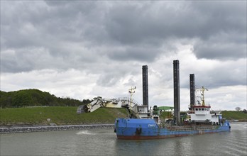 Construction work, construction site with dredger, dredger in the Kiel Canal, Kiel Canal,