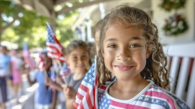 Cute african american girl celebrating the american holiday with friends and family at the parade.