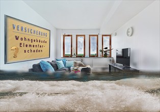 Photomontage: insurance claim, room under water, flood, flooding, household contents insurance,