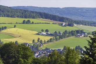 Erzgebirge landscape view from the Schwartenbergbaude, Erzgebirge, Neuhausen/Erzgebirge, Saxony,