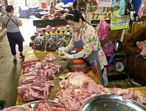 Meat stall at the market, Luang Prabang, Laos, Asia