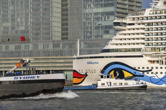 Rotterdam, skyline at the Nieuwe Maas, skyscrapers at the Kop van Zuid district, cruise ship Aida