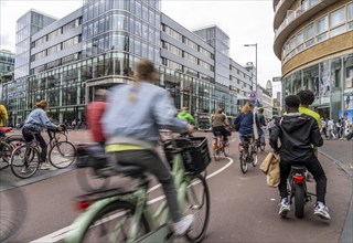 Central cycle path on the Lange Viestraat, in the centre of Utrecht, lanes for pedestrians,