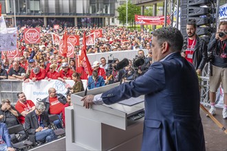 Demonstration of many thousands of steelworkers in front of the ThyssenKrupp headquarters in Essen,