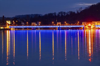 Lake Baldeney, illuminated weir, with lock, left and hydroelectric power plant power station,