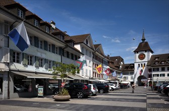 Main alleyway with lower gate, flagged, flags, Willisau, Canton Lucerne, Switzerland, Europe