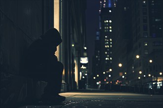 Homeless person in hood sitting on street at night. KI generiert, generiert, AI generated