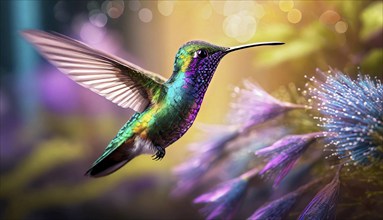 Colourful hummingbird flying in front of a tropical flower, AI generated, AI generated